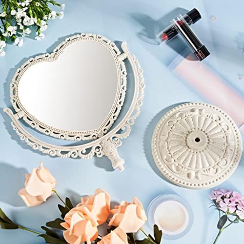Recesoon White Heart Mirror Double latera, espelho estético em forma de coração, espelho de maquiagem de vaidade para mesa, espelho