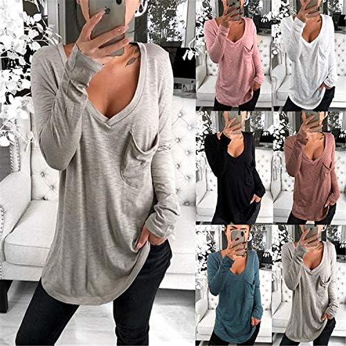 Andongnywell Women's Long Slave V Tunic Tunic Tops soltos camisas casuais t Tamis com blusas de bolso Top