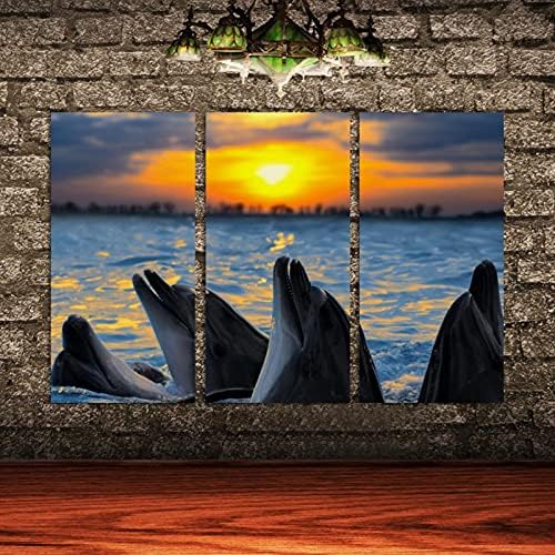 3 painéis Arte da parede de tela emoldurada Dolphins Sunset Sea Landscape Pinturas a óleo Arte doméstica moderna