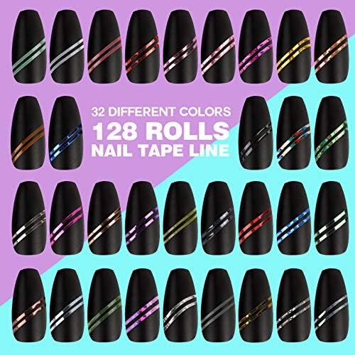 128 Rolls Linha de fita de listras de unhas, fandamei 128pcs fitas de linhagem adesiva adesiva + 2pcs Dispensadores de rolos