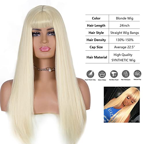 Wig Loira Long Long com franja, perucas longas retas para mulheres 26 polegadas de 26 polegadas de 2,5 polegadas resistentes