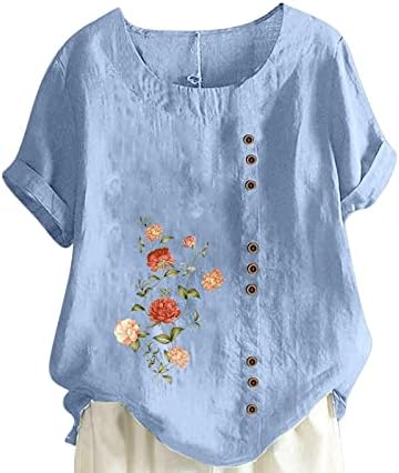 Tops de linho de algodão de grandes dimensões para mulheres com estampa floral moderna Camisetas de manga curta Camisetas de verão Botões