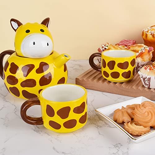 Koythin Cute Giraffe Tule de Tule e Copo, Potão de Tea de Porcelana 17 oz/500 ml com tampa e 2 peças pintadas à mão Cup de 3 oz/100 ml, chá para leite de café com café