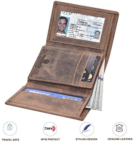 Carteira de couro de couro RFID com slots de 9 cartas, 2 bolso de bolso de bolso e janela de identificação