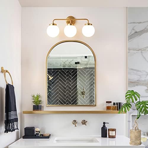 Deyidn Gold Bathroom Vaidade Luminárias sobre espelho, Modern Brass 3 Luzes Armazenamento de parede com tom de vidro