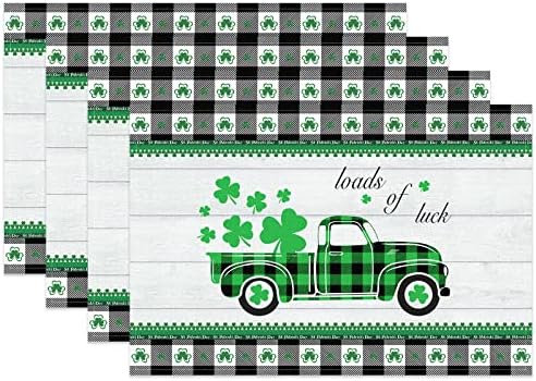 Placemats do dia de St Patrick para mesa de jantar Conjunto de 4, caminhão xadrez preto verde Lucky Shamrock Rustic Wood