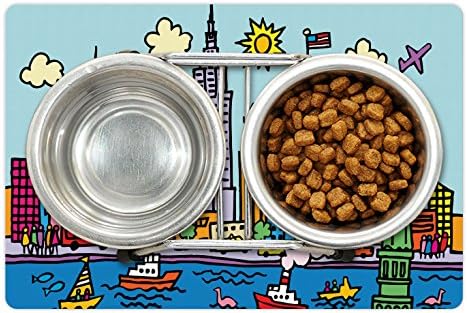 Lunarable Playroom Pet tapete para comida e água, cidade de Nova York em estilo de desenho animado colorido como estampa de sala de estar, tapete de borracha não deslizante para cães e gatos, 18 x 12, multicolor