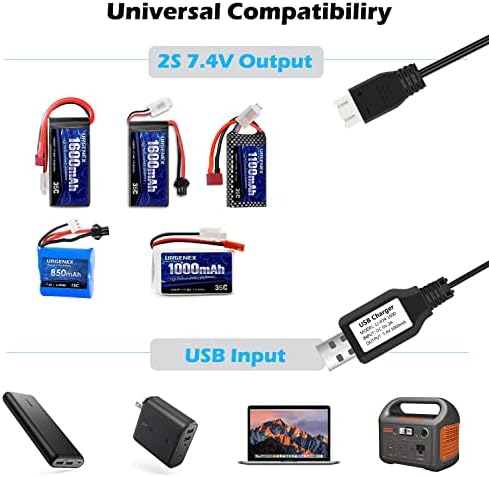 Cabo do carregador urgenex 2S 7.4V Substituição do carregador USB para o carro SCX24 RC 1A com o conector XH-3P compatível